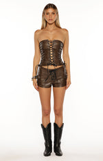 Eminara Vintage Brown PU Lace Up Shorts Image