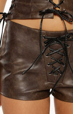 Eminara Vintage Brown PU Lace Up Shorts Image