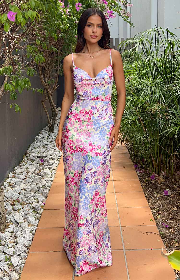 Beginning Boutique Laufry Yellow Floral Print Maxi Dress yellow floral print cowl neck spaghetti strap fitted maxi dress