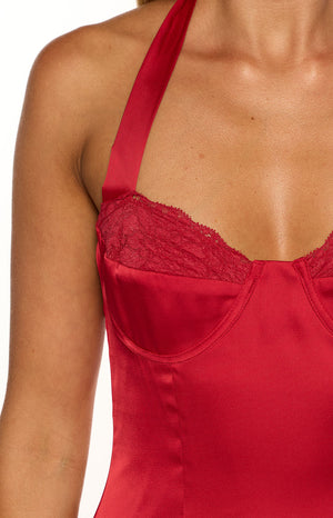 Florenta Red Satin Halter Mini Dress