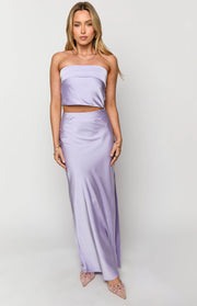 Beginning Boutique Genevieve Lilac Maxi Skirt lilac satin flowy high-waisted maxi skirt