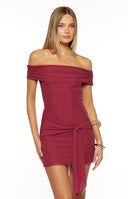 Beginning Boutique Heather Burgundy Off Shoulder Wrap Mini Dress burgundy off-shoulder ruched bodycon mini dress with a wrap tie waist