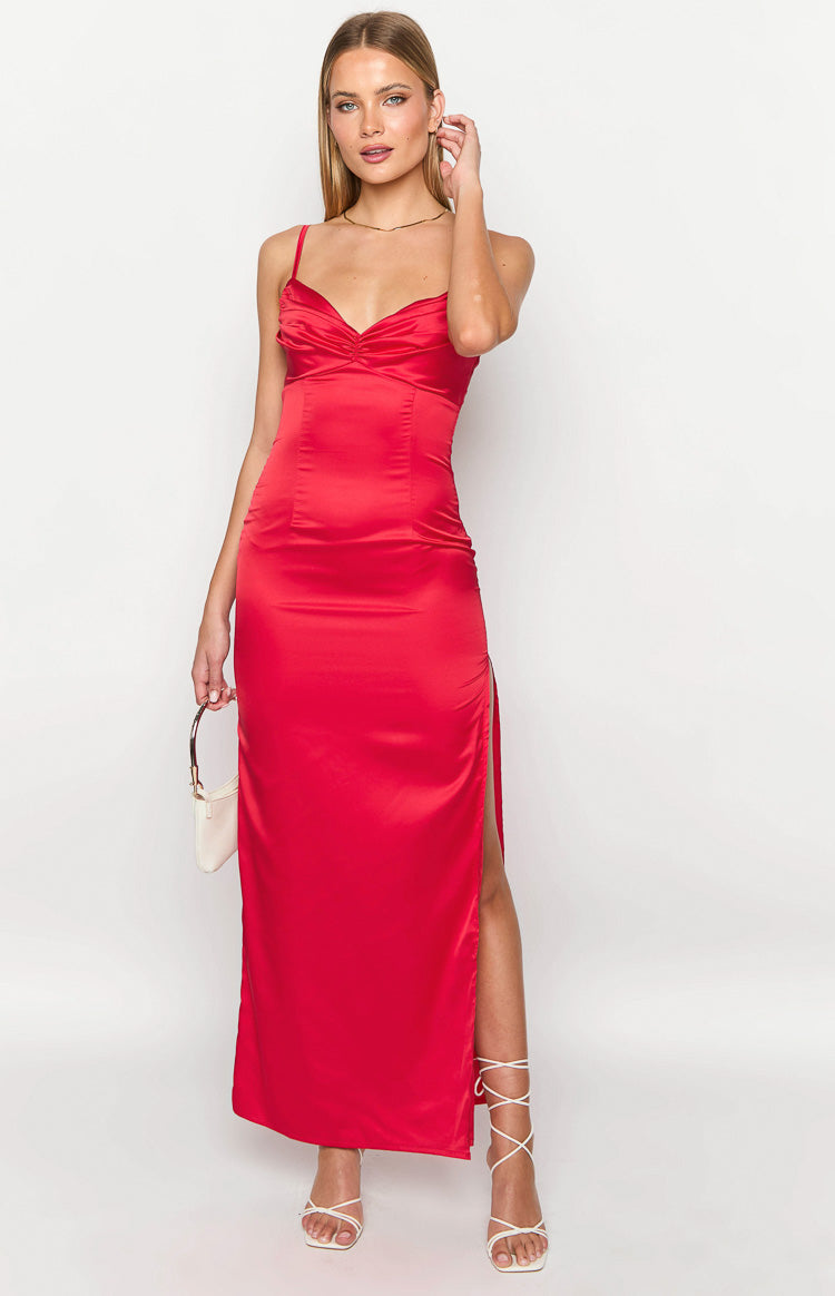 Front view of a red satin maxi dress with a sweetheart neckline and high side slit