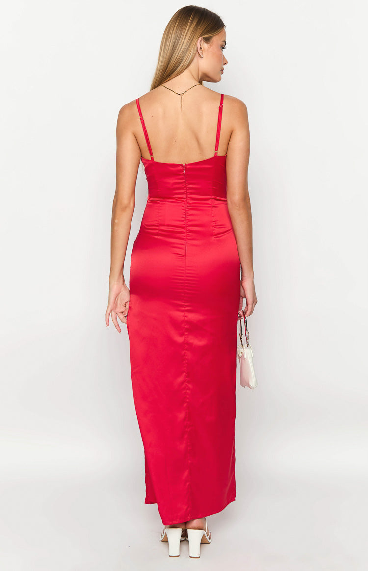 Rear view of a red satin maxi dress with adjustable spaghetti straps and a visible back zipper