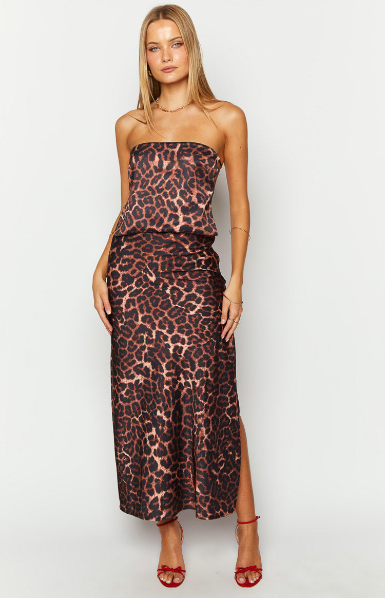 Front view of a brown and black leopard print strapless bandeau top