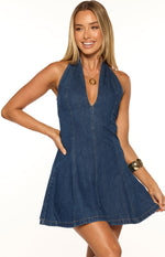Isalin Mid Wash Denim Halter Mini Dress Image