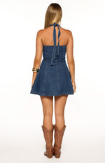 Isalin Mid Wash Denim Halter Mini Dress Image