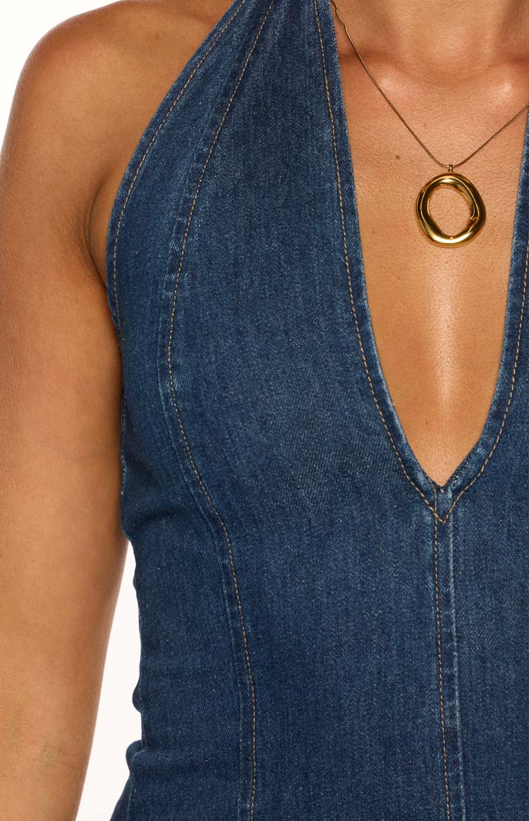 Isalin Mid Wash Denim Halter Mini Dress Image