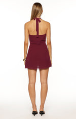 Jazmene Burgundy Halter Neck Wrap Mini Dress Image
