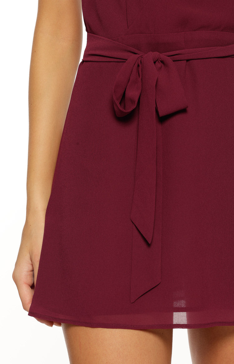 Jazmene Burgundy Halter Neck Wrap Mini Dress Image