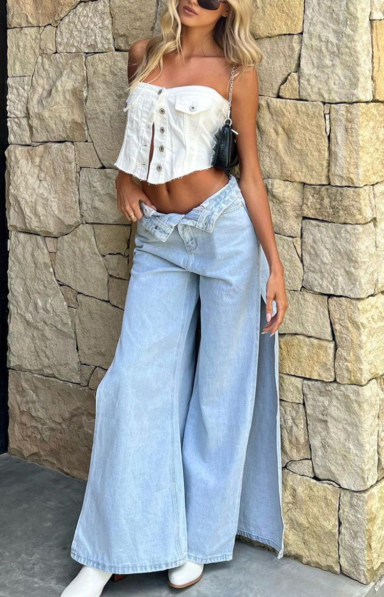 Marelle Light Denim Wide Leg Side Split Jeans Image