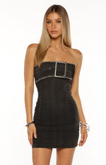 Jengi Black Washed Denim Buckle Strapless Mini Dress Image