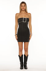 Jengi Black Washed Denim Buckle Strapless Mini Dress Image