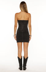 Jengi Black Washed Denim Buckle Strapless Mini Dress Image