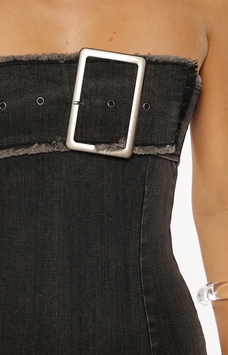 Jengi Black Washed Denim Buckle Strapless Mini Dress Image