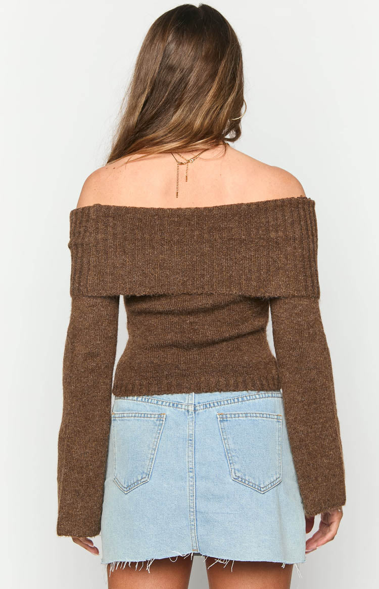 Rear view of a brown off-shoulder sweater with a ribbed knit fold-over neckline