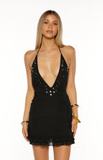 Jordy Black Button Halter Neck Mini Dress Image