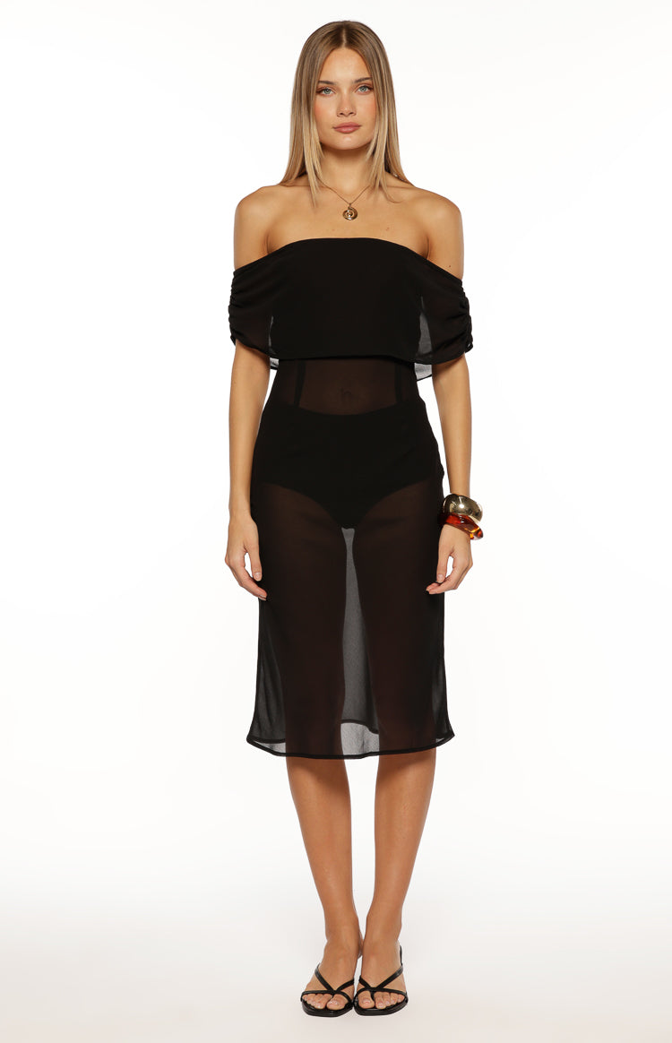 Black sheer off-the-shoulder midi dress with a ruffled neckline and transparent fitted torso