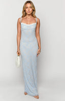 Lacey blue body-con maxi dress worn by brunette model 