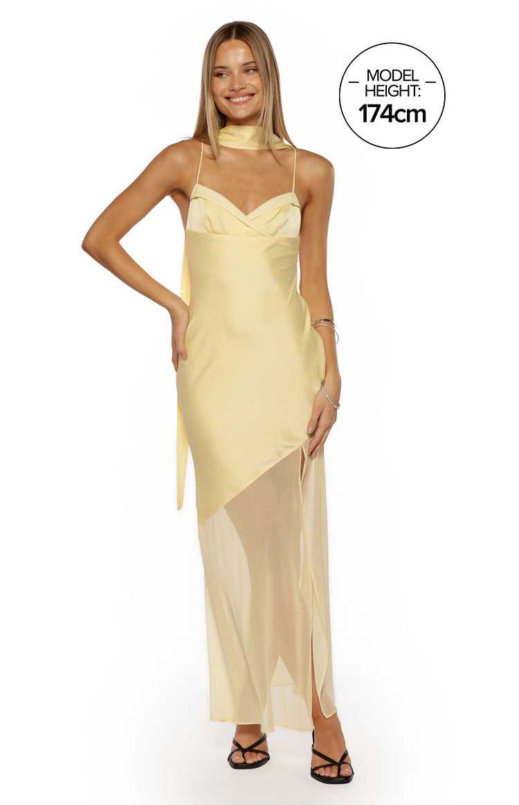 Beginning Boutique Laila Yellow Satin Scarf Formal Maxi Dress yellow satin maxi with sweetheart, spaghetti straps, neck scarf, sheer