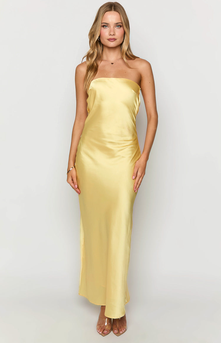 Yellow satin strapless maxi dress with a straight neckline and a fluid, body-skimming silhouette