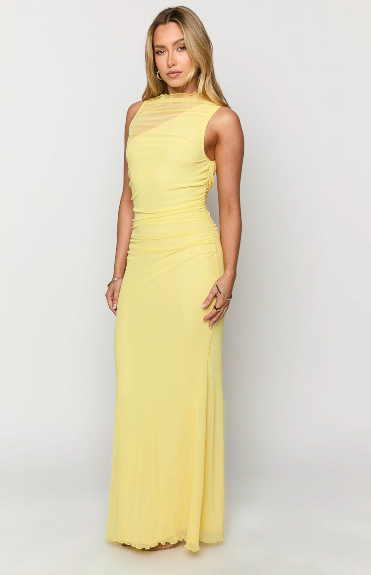Yellow mesh maxi dress with a sheer high neckline and ruched side detailing