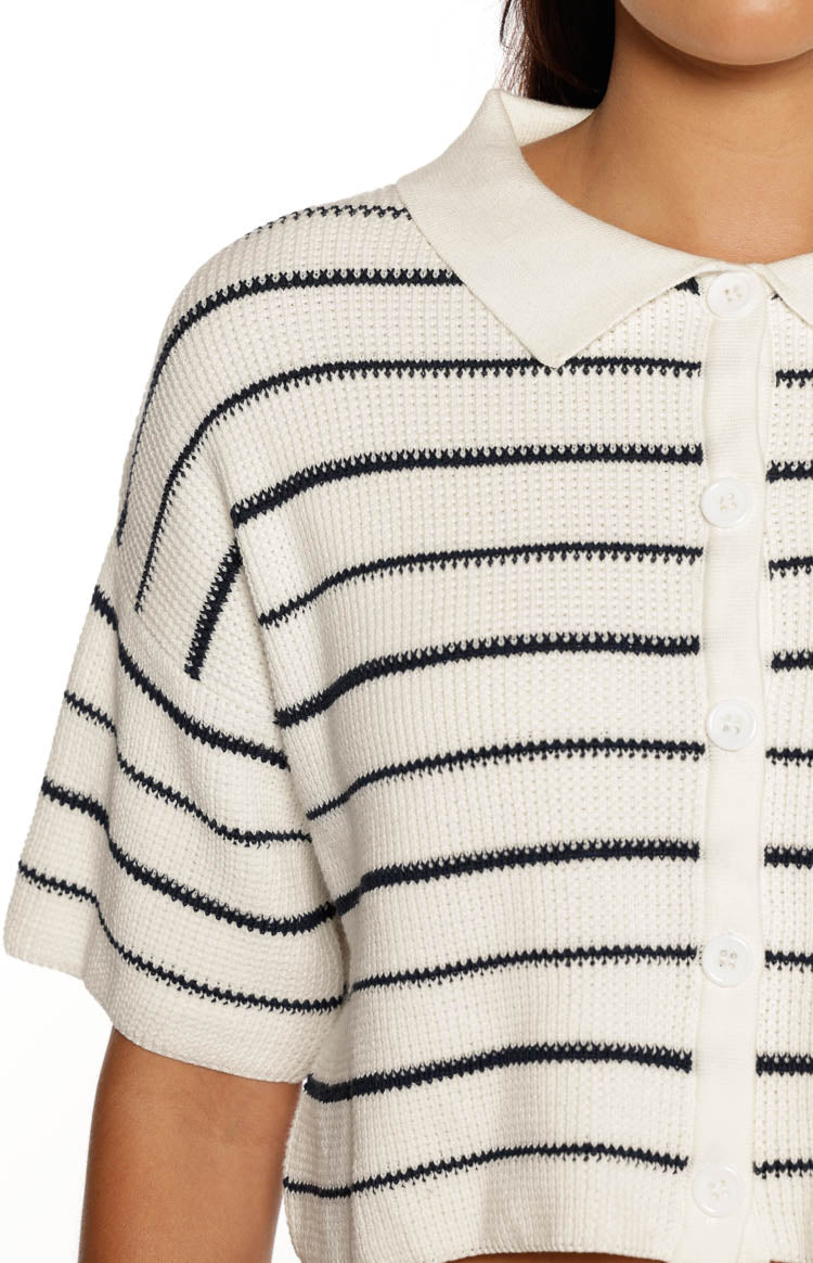 Maple White Navy Stripe Cropped Knit Sweater Image