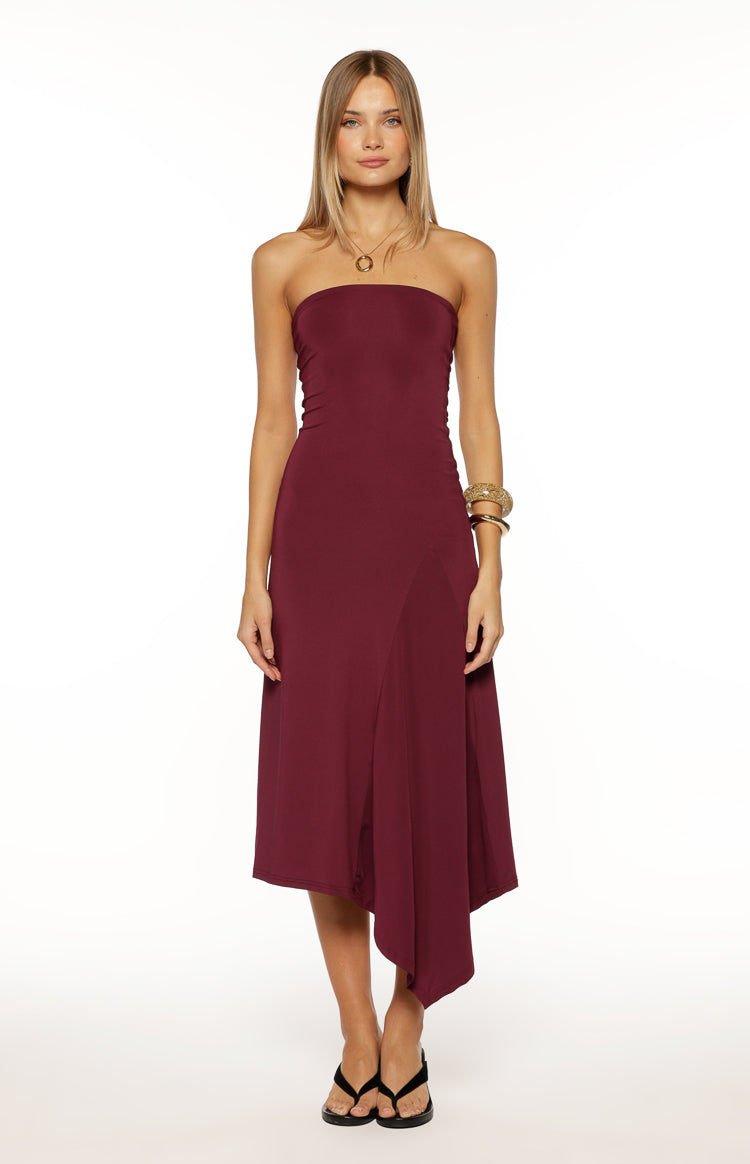 Maura Plum Strapless Asymmetrical Midi Dress Image