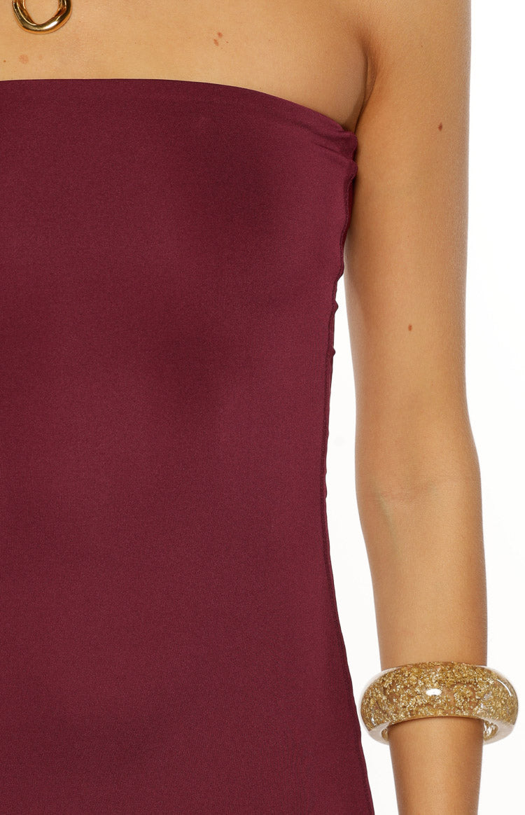 Maura Plum Strapless Asymmetrical Midi Dress Image