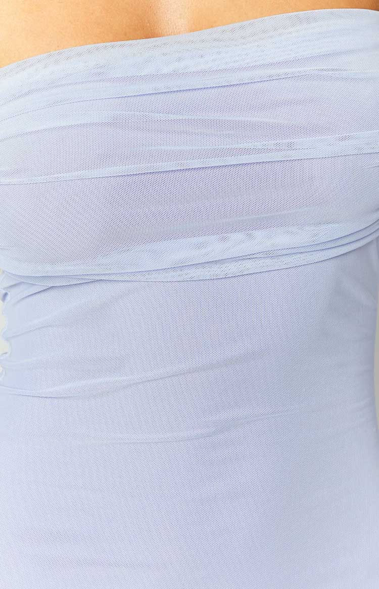 Close-up of the lilac sheer mesh fabric with horizontal ruching detail on the bodice of the maxi dress