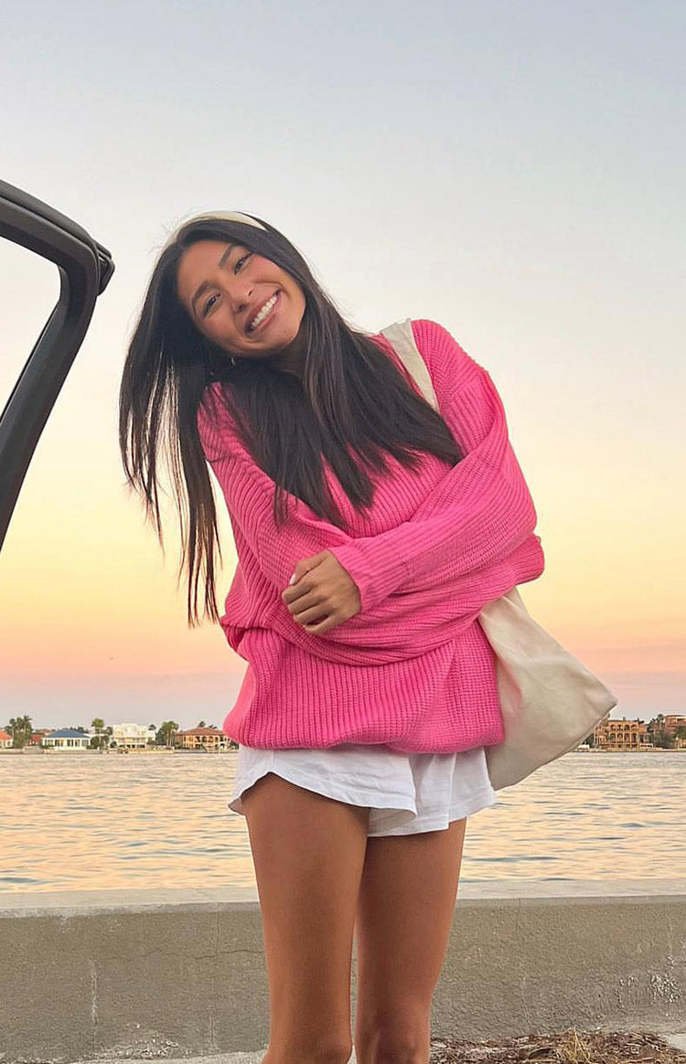 Beginning Boutique Adaline Pink Oversized Sweater Dress hot pink ribbed knit oversized long sleeve crew neck sweater dress