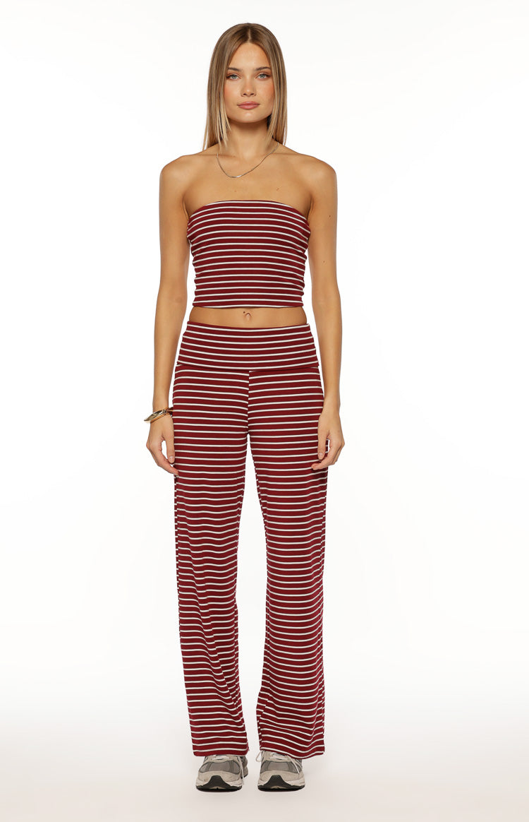 Pippen Burgundy Stripe Foldover Wide Leg Pants Image