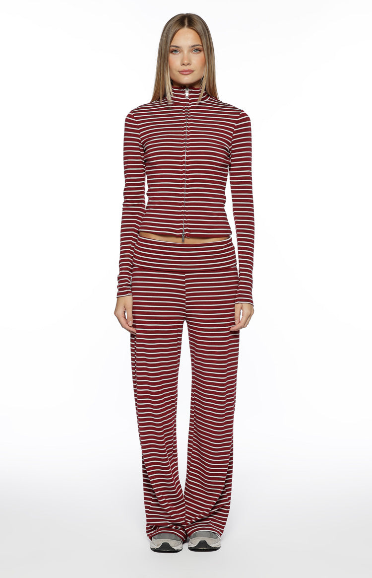 Poppi Burgundy Stripe Double Zip Sweater Image