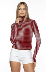 Poppi Burgundy Stripe Double Zip Sweater Image