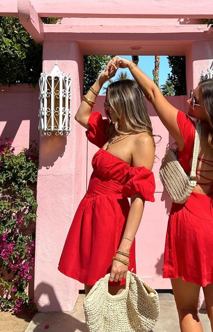 Beginning Boutique Love Lost Off The Shoulder Red Mini Dress red off-the-shoulder mini dress with puff sleeves and A-line skirt