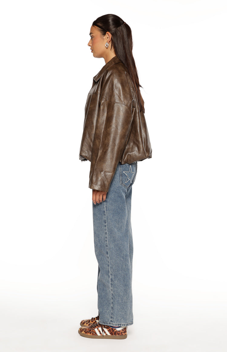 River Vintage Brown PU Bubble Hem Bomber Jacket Image