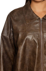 River Vintage Brown PU Bubble Hem Bomber Jacket Image