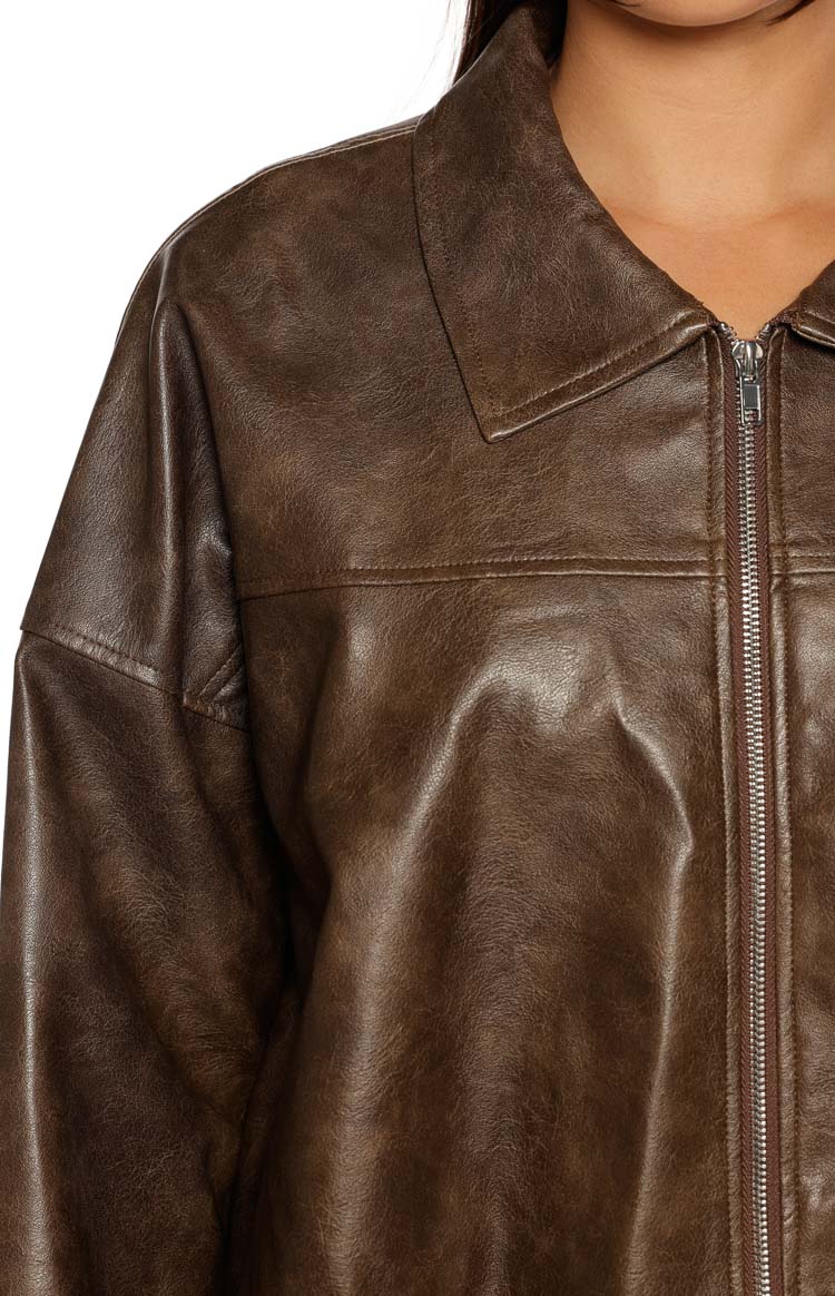 River Vintage Brown PU Bubble Hem Bomber Jacket Image
