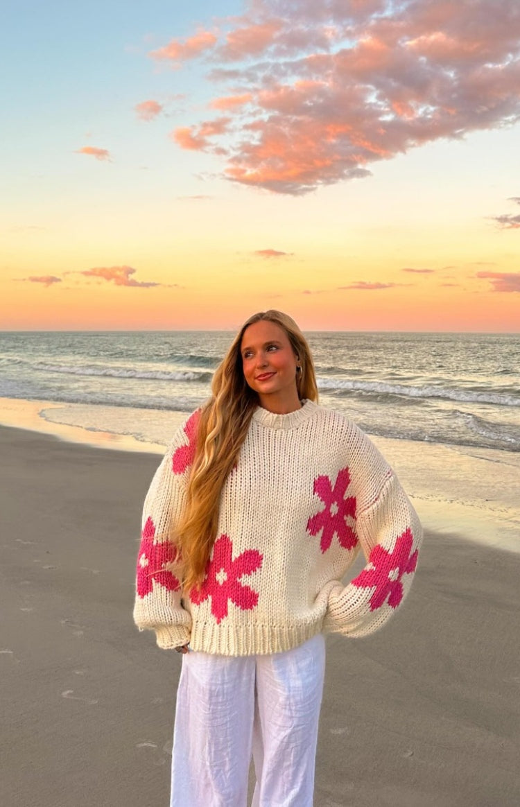 Beginning Boutique Ryver Cream Flower Knit Sweater cream knit oversized sweater with hot pink flower motifs, crew neck, ribbe