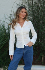 Beginning Boutique Helen White Fitted Long Sleeve Shirt white collared V-neck button-front fitted long sleeve shirt with cuff