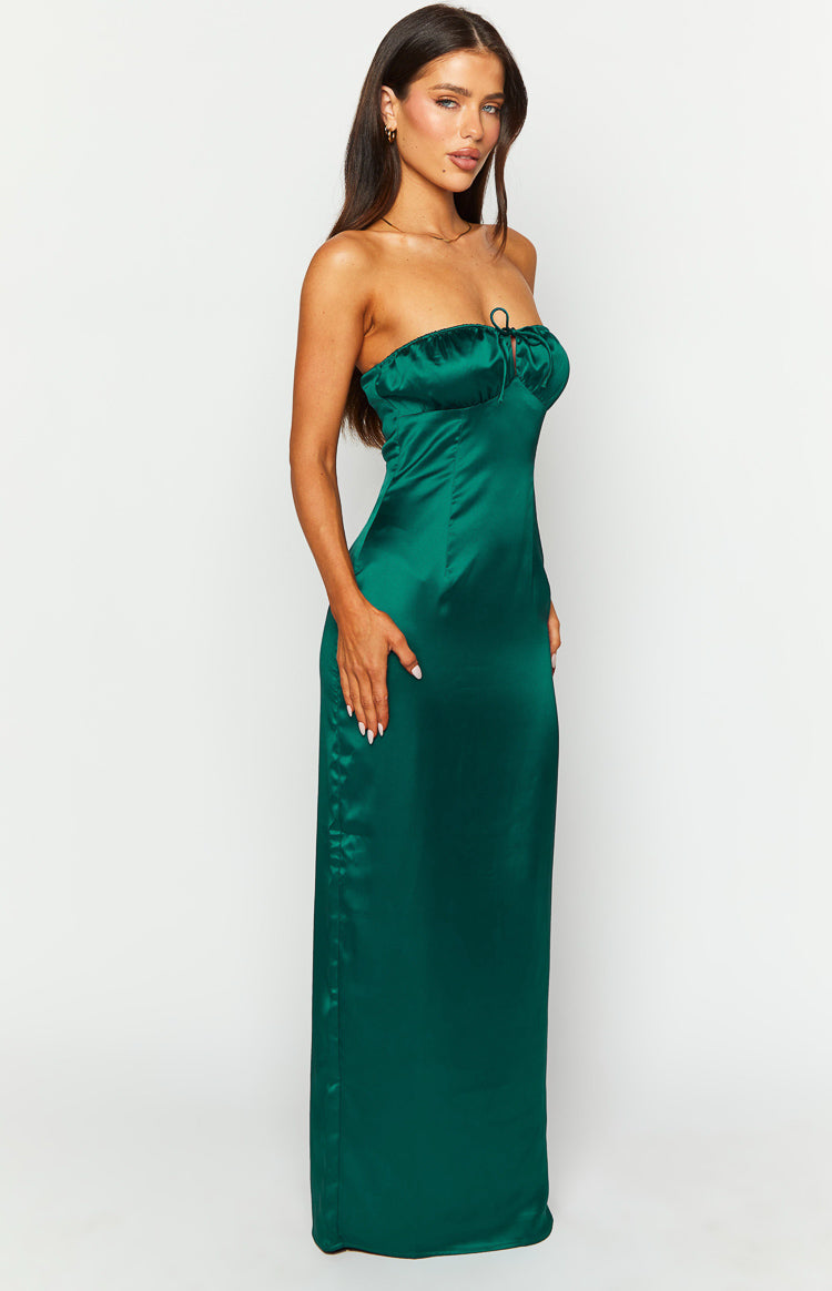 Side view of an emerald satin strapless maxi dress with a tie-front bust and fitted silhouette