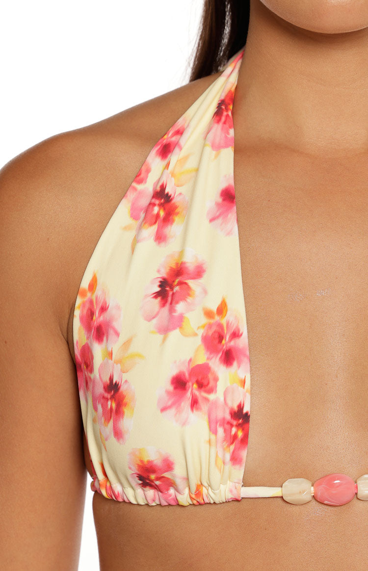 Sunbeam Yellow and Pink Floral Print Halter Bikini Top Image