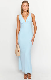 Light blue mesh maxi dress with a deep V-neckline and ruched bust detail