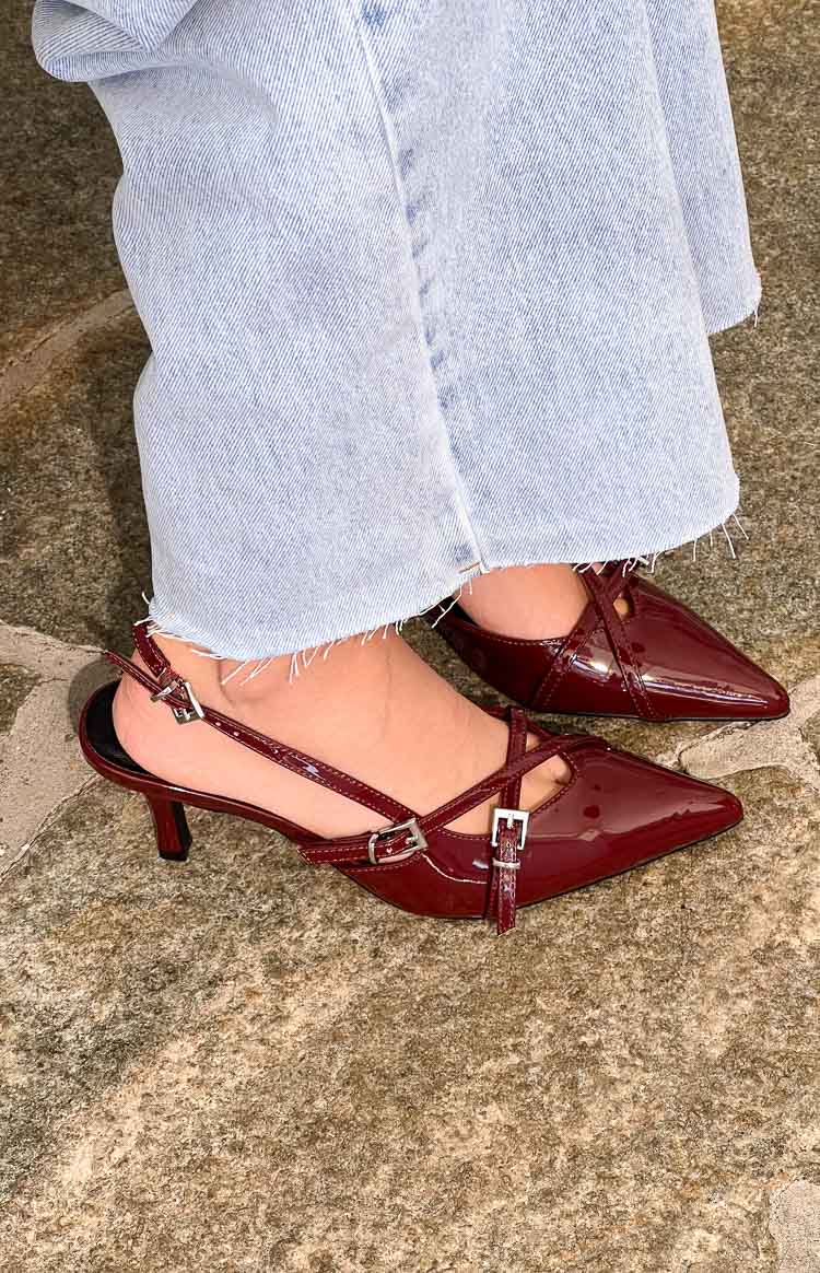 Beginning Boutique Therapy Juicy Red Patent Slingback Heels juicy red patent pointed toe slingback heels with multiple buckled straps and kitten heel