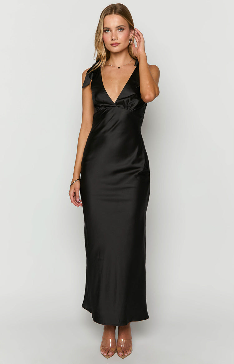Front view of a black satin maxi dress with a deep V-neck and halter tie straps