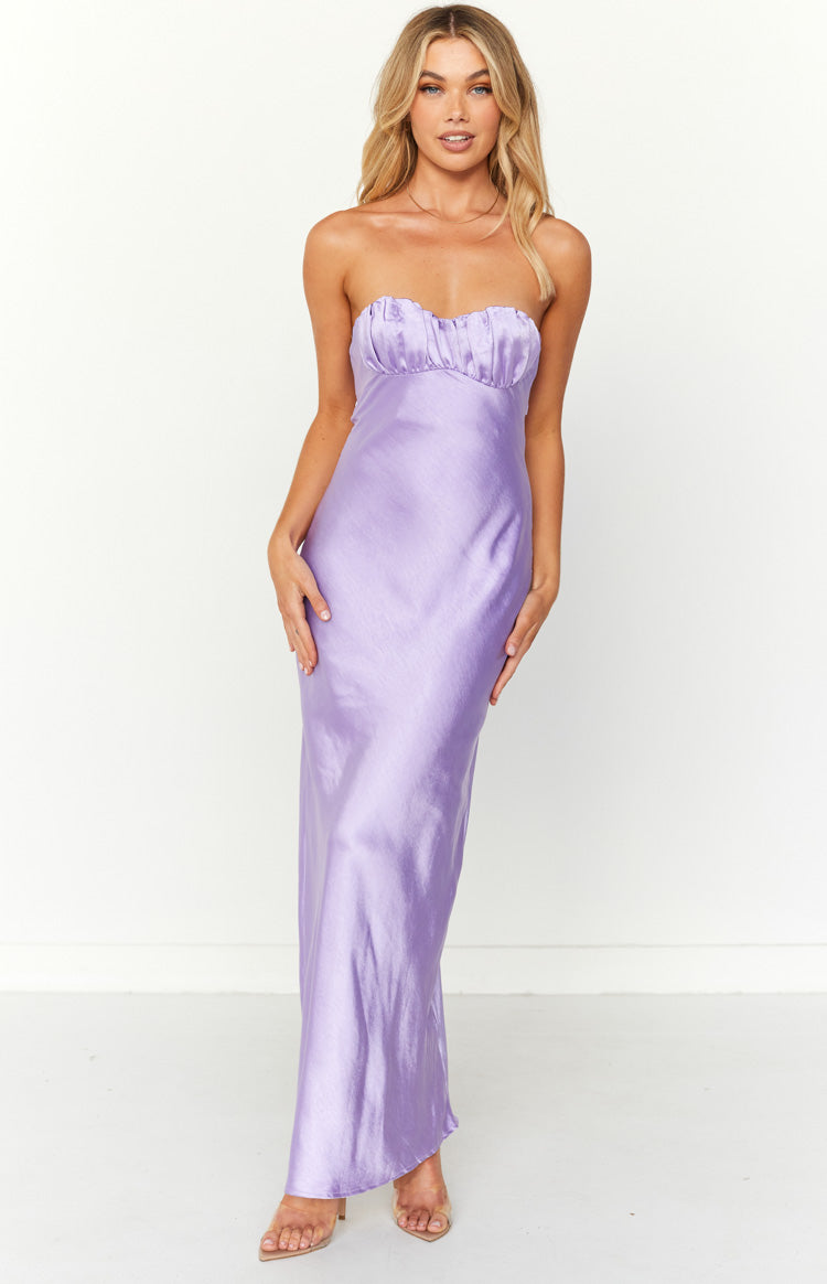 Purple satin maxi dress featuring a gathered ruched bust and a flowing column skirt