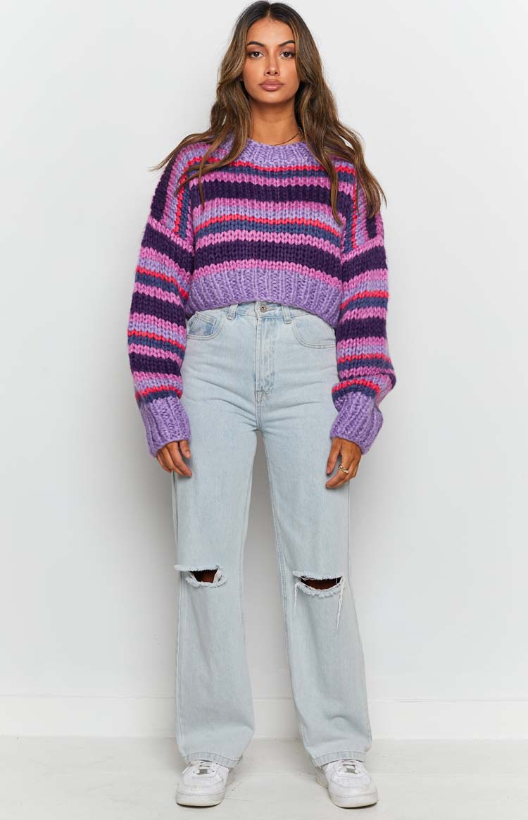 Purple, pink, and blue striped chunky knit cropped sweater with long ribbed cuffs
