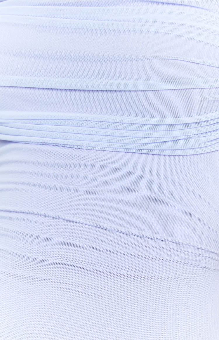 Close-up of the lilac mesh fabric showing ruched detail