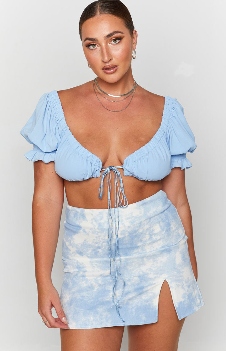 Blue and white cloud tie-dye denim mini skirt with a side split