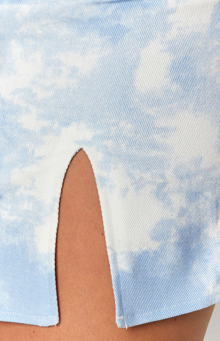 Light blue and white tie-dye denim skirt with a high side split